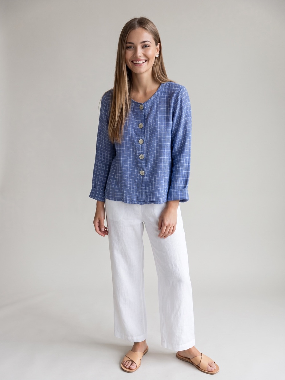 🌻FLAX Blue Check Linen Button Down Shirt Long Sleeve Women's Size Small - Picture 2 of 6